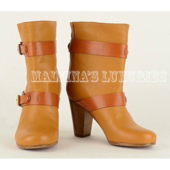 CHLOE ANKLE BOOTS LEATHER DOUBLE STRAP & BUCKLE MID STACKED HEEL sz 35 5 - Picture 4 of 13